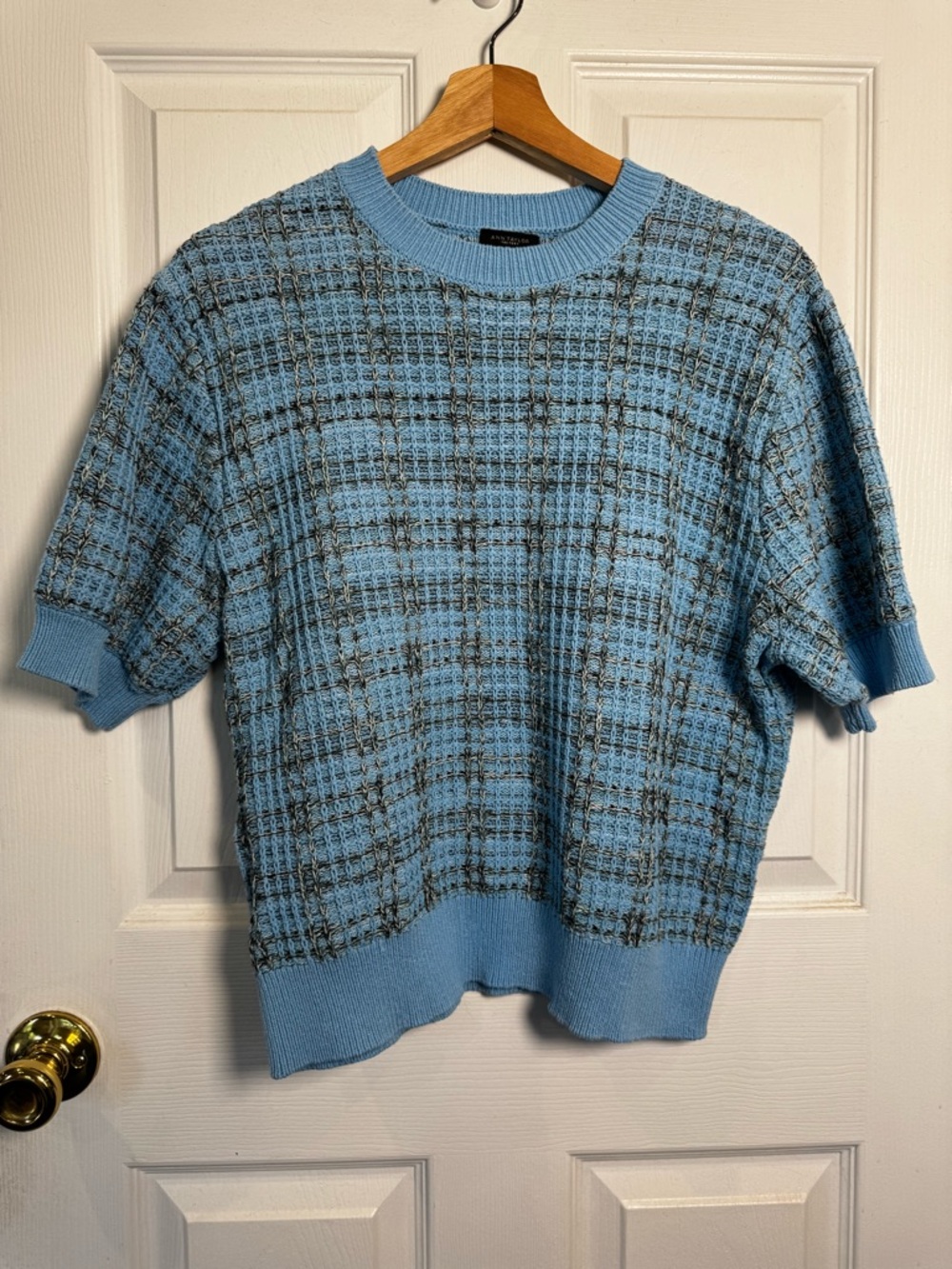 Ann Taylor Factory Blue Textured Knit Top Short Sleeve Sweater Size Large Tweed
